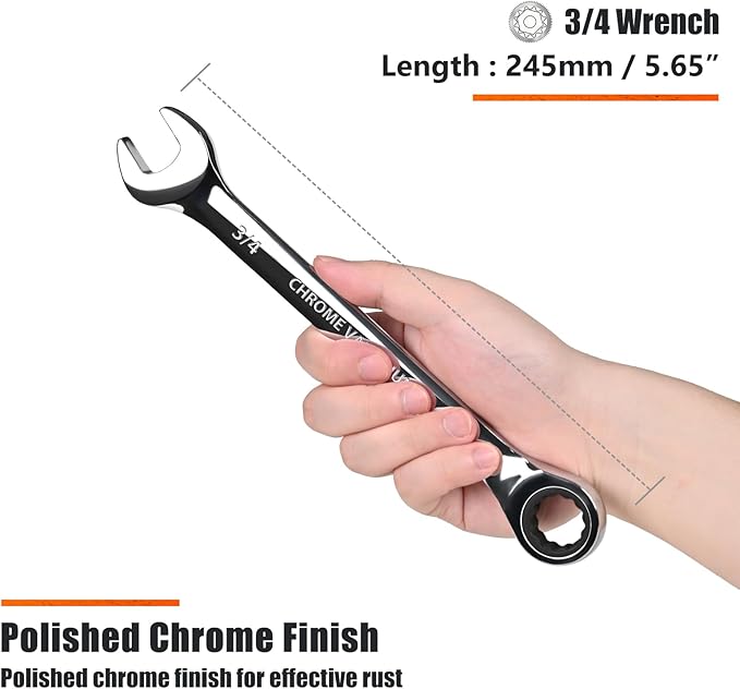 Egofine 3/4 inch Ratcheting Combination Wrench SAE, Industrial Grade Gear Spanner with 12-Point Design, 72-Tooth Ratchet, Chrome Vanadium Steel
