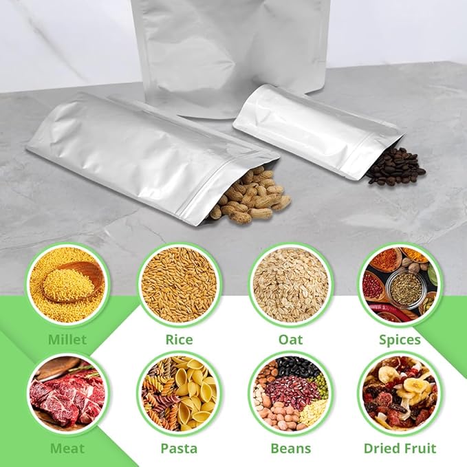 7x10 Inch Aluminum Zipper Mylar Bags, Food Storage Bag with Oxygen Absorbers 300cc and Labels, Smell Proof Pouch, Thick 10 Mil Stand up Pouches, Long Term Food Container Sets 50 Pack