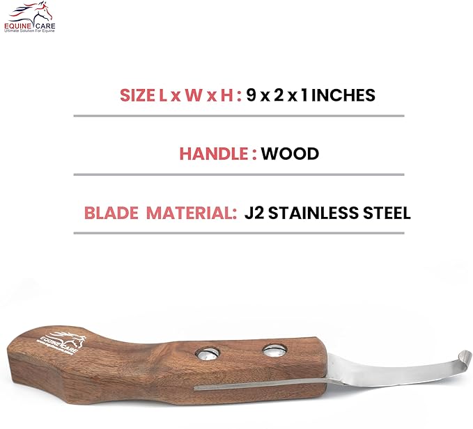 Equine Care Left-Handed Hoof Knife – Ultra-Sharp J2 Steel Blade | Professional Farrier Hoof Knife & Horse Hoof Trimmer | Ergonomic Wooden Handle for Horses & Livestock Hoof Care
