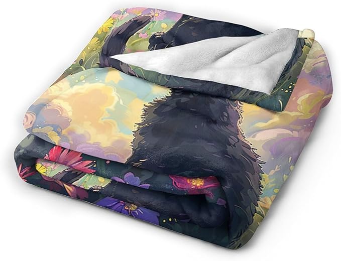Cute Black Cat Throw Blanket Anime Cat Flannel Blankets Wild Landscape Fuzzy Plush Super Soft Cozy Warm Decor Gifts for Boys Girls Kids Adults Men Women 60" x 80"