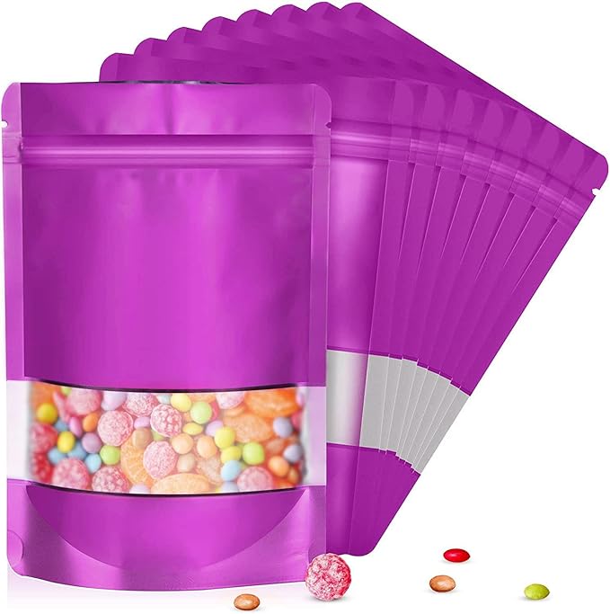 5.5"x7.8" 120pcs Mylar Bags for Food Storage,Smell Proof Bag with Matte Window Resealable Food Storage Bags for Small Business, Stand-up Foil Pouch Packaging Freeze Dried Candy Bag（Purple）
