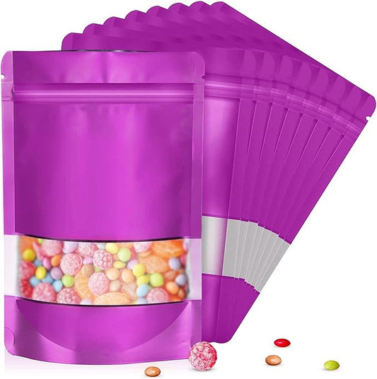 5.5"x7.8" 120pcs Mylar Bags for Food Storage,Smell Proof Bag with Matte Window Resealable Food Storage Bags for Small Business, Stand-up Foil Pouch Packaging Freeze Dried Candy Bag（Purple）
