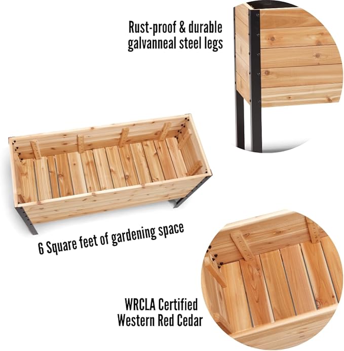 EARTH ELEVATED 100% Canadian Cedar Wood Elevated Garden Bed for Gardening - Planter Pot to Grow Herbs Flowers, and Vegetables at Home Indoor and Outdoor Patio Balcony Deck - 18” x 48” x 30”