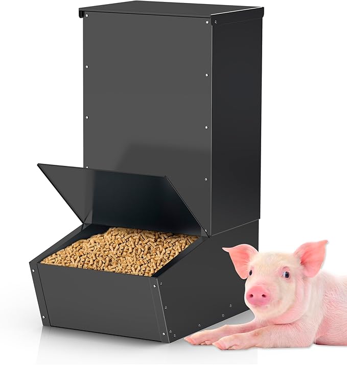 Hog Feeder, 2.5 Bushels Capacity, Heavy Duty Galvanized Steel Single Door Pig Feeder, Moisture Proof Piglet Creep Feeder, All Nuts Pre-Installed, Black