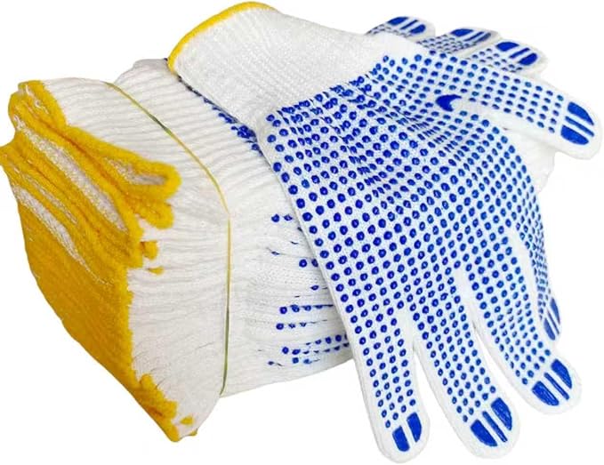 Qugzegx 12 Pairs Cotton Polyester Knitted Gloves, Safety Work Gloves For Painter Mechanic Warehouse Construction Men and Women, Anti-slip Dots, Medium Size
