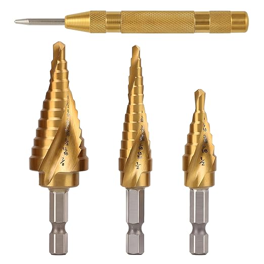 COMOWARE 3PCS Titanium HSS Step Drill Bit Set with 1/4" Hex Shank, Automatic Center Punch, Two-Flute Impact Design, Ideal for Metal, Stainless Steel, Wood, Plastic