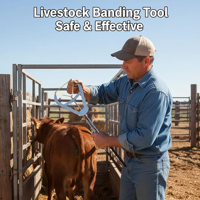 100 Elastrator Bands with Extra Large Stainless Steel Banding Tool Bander Livestock Management Fits Bull,Calves, Goats, Sheep, Easy Application
