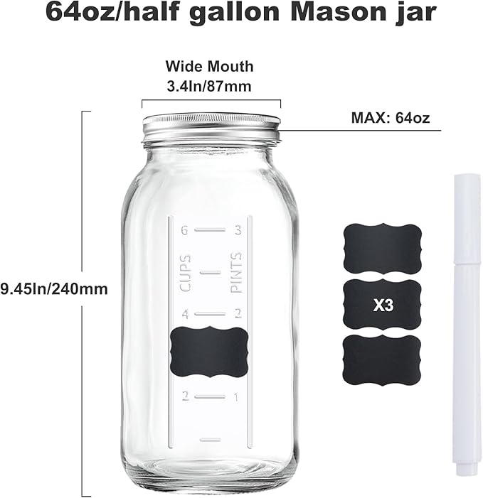 64 OZ Wide Mouth Mason Jar with Lid, Clear Heavy Duty Glass Airtight Storage Canning Jar and Band Half Gallon / 2 Quart Fermenting, Pickling, Storing, Pack of 1