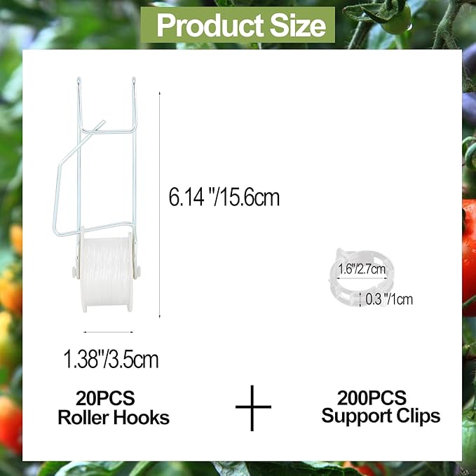 20PCS Tomato Roller Hooks with 49.21FT String and 200PCS Tomato Support Clips for Tomato,Plant, Greenhouse,Flower Vine Twine Crop Greenhouse Trellising Kit