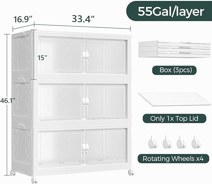 165Gal Stackable Storage Bins with Lid, 660Qt Extra Large Collapsible Storage Box with Doors and Wheels, Plastic Closet Organizer and Storage Cabinet Drawer for Home Kitchen, 3Pack White