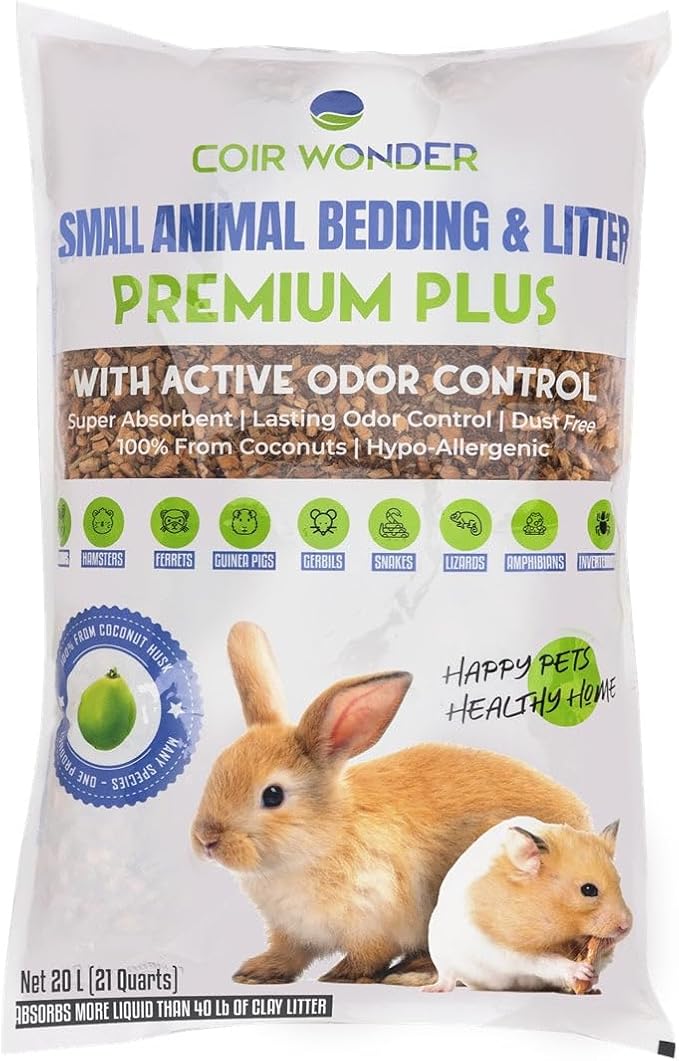 Small Animal Bedding – 20 L –– Coco Chip Fiber Bedding Substrate for Guinea Pig, Hamster, Rabbit, Bunny Litter, Tortoise, Turtle, Reptile, Snake Habitat - Activated Charcoal Odor Control
