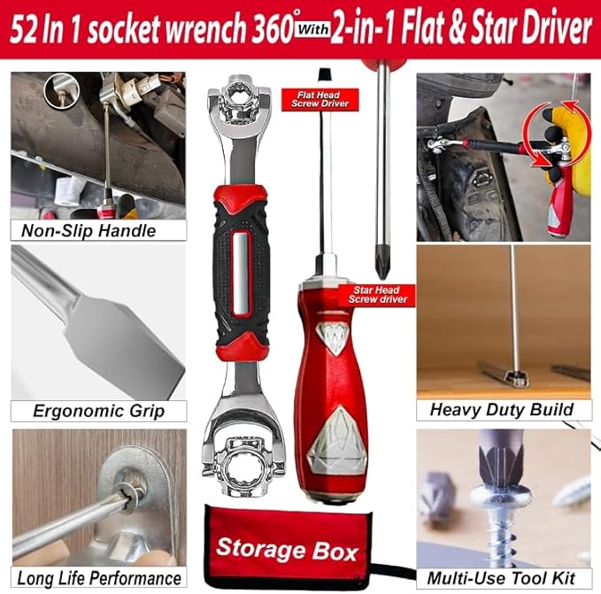 52 in 1 Socket Wrench & Screwdriver Set, Stainless Steel Multi-Functional Rotating Spanner with 360° Flexibility Dog Bone wrench for Bolts, Nuts, and Ideal for Home and Automotive Repair