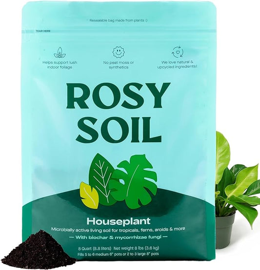 Rosy Soil Indoor Potting Soil for House Plants - Organic Potting Soil Mix for Indoor Plants - Enriched w/Root-Boosting Biochar for Foliage Plants, Flowers, Herbs - Peat Free, Less Prone to Gnats - 8qt