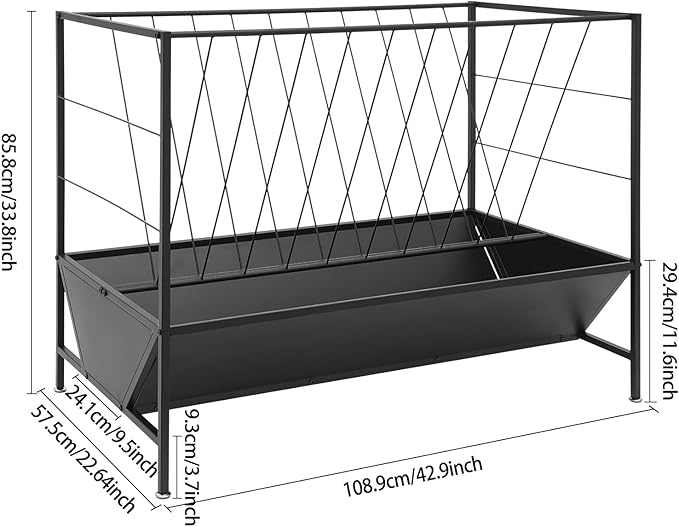 Pasture Hay Feeder - 50 Gallons, 2-in-1 Heavy Duty Hay Grain Livestock Feeder with 30 Gallon Feed Pan, Black Hay Grain Feeding Goats, Calves, Cow, Horse