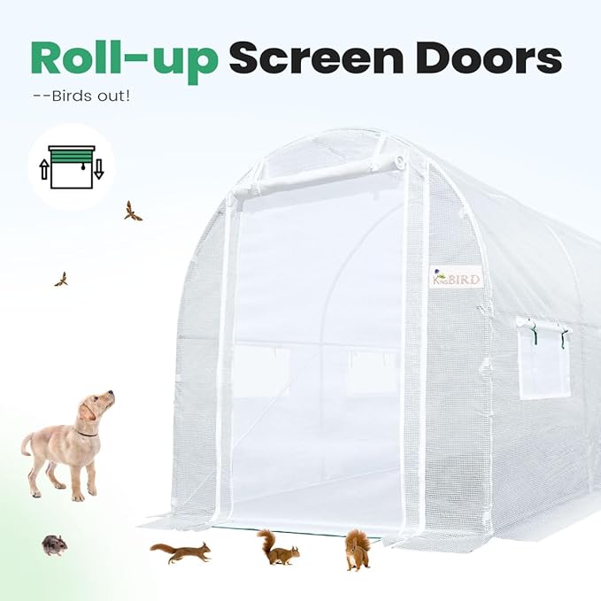 KING BIRD Premium 15x6.6x6.6FT Greenhouse for Outdoors, Large Walk-in Heavy Duty Galvanized Steel Frame, Mesh Door Screen Window Tunnel Hoop Garden Plant Winter Hot House, Side Screen Mesh, White