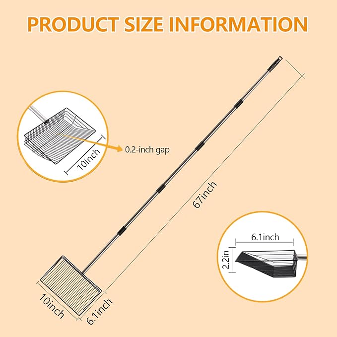 10 Inch Chicken Pooper Scooper & Sifting Shovel with 5-Stage Adjustable Handle (27" to 67"),Stainless Steel Handle, Litter Sifting Shovel for Chicken Coop, Farm, Sheep Pen, Cat Litter