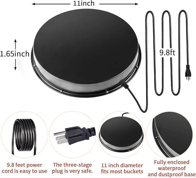Chicken Water Heater-11in，Large 110Watt Heated Poultry Waterer Base for 5 Gallon,with Thermostat and 9.8ft Power Cord