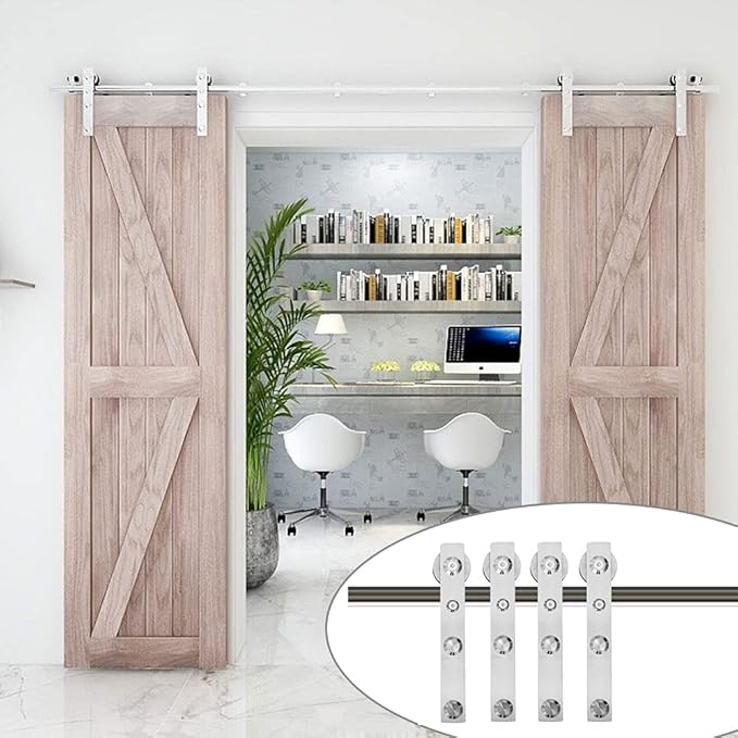 TSMST 4FT Sliding Barn Door Hardware Kit, Top Mount Stainless Steel Heavy Duty Sturdy Barn Door Track for Double Wood Door, Slide Smoothly Quietly (L Style)
