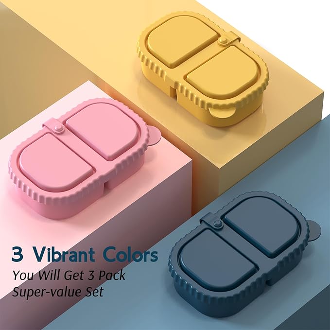 3 Pack Reusable Silicone Snack Containers with Lids, Meal Prep Containers 2 Compartments, Portable Silicone Food Storage Box for Picnic, School, Office (3)