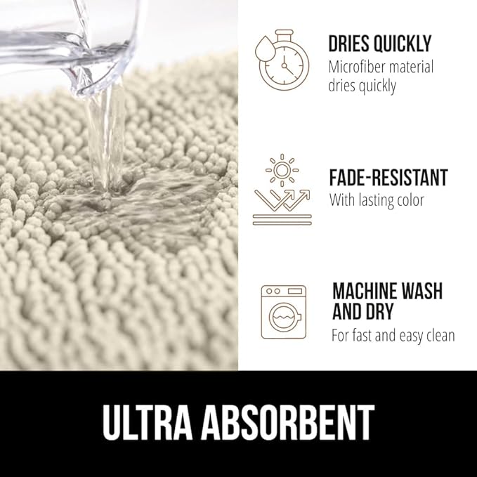 GORILLA GRIP Bath Rug Mat, Thick Absorbent Chenille, Quick Dry Microfiber Mats, Rubber Backing Washable Shower Floor Rugs, Bathmat Runner, US Designed Bathroom Home Decor 24x17, Dusty Cloud