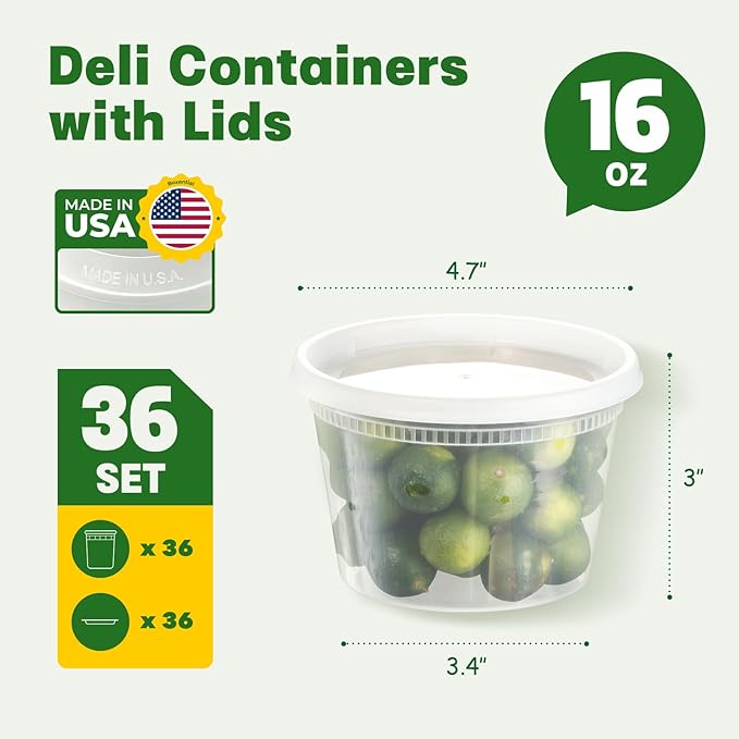 16 oz Deli Containers with Lids [36 Set] – Made in USA, BPA-Free Plastic Food Containers, Freezer & Microwave Safe, Stackable Meal Prep & Soup Storage Containers, Ideal for Takeout & Kitchen Use