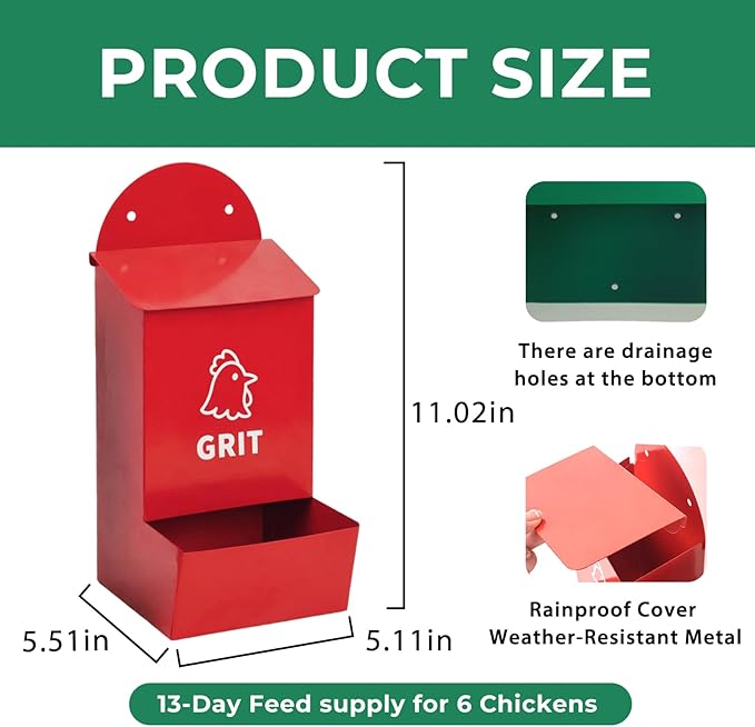 No Waste Chicken Grit and Oyster Shell Feeder 2 Pack, Wall Mounted Metal Poultry Feeders for Coop or Fence, Rustproof Dual Compartments Chicken Feeder for Backyard Flocks