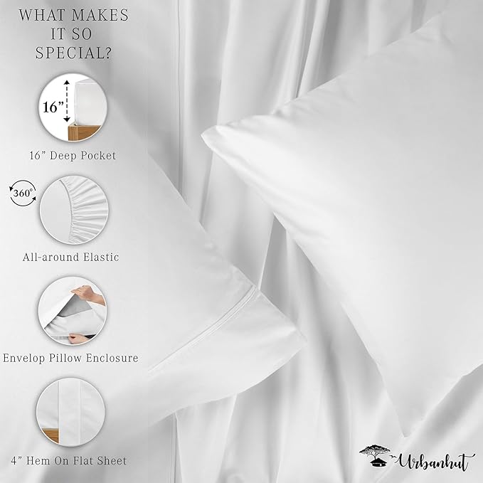 URBANHUT 1000 Thread Count Egyptian Cotton Sheets Twin Size, Long Staple Soft & Breathable, 3 Pc Bed Sheet Sets, Luxury Hotel Sateen Sheets Fits 16" Deep Pocket - White