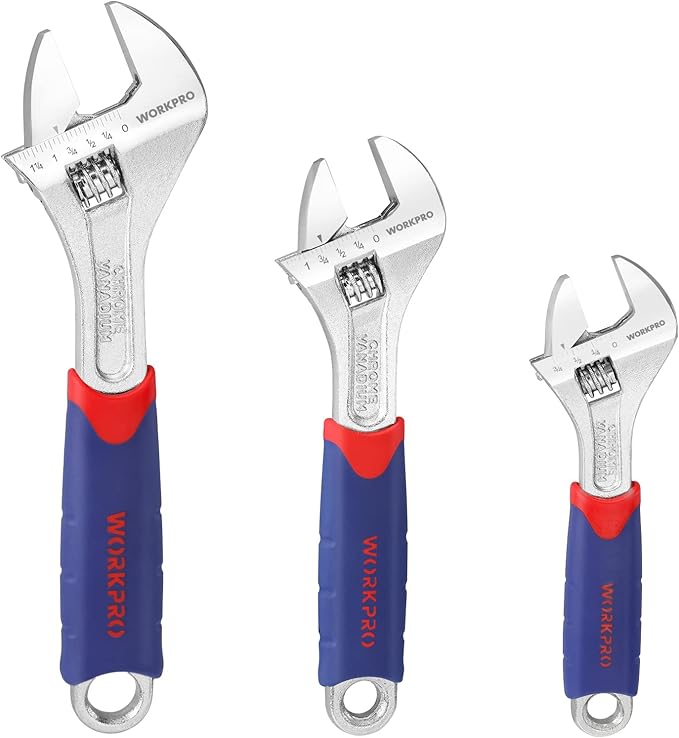 WORKPRO 3-piece Adjustable Wrench Set CR-V with Rubberized Anti-Slip Grips 10-inch, 8-inch, 6-inch