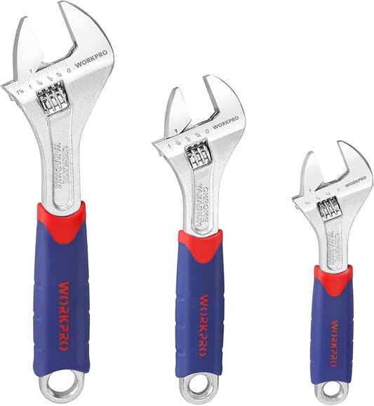 WORKPRO 3-piece Adjustable Wrench Set CR-V with Rubberized Anti-Slip Grips 10-inch, 8-inch, 6-inch
