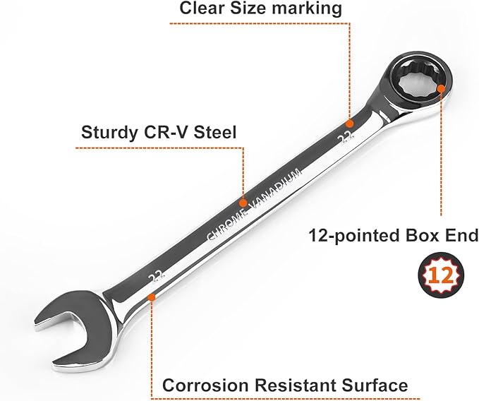 Egofine 22mm Ratcheting Combination Wrench Metric, Industrial Grade Gear Spanner with 12-Point Design, 72-Tooth Ratchet, Chrome Vanadium Steel