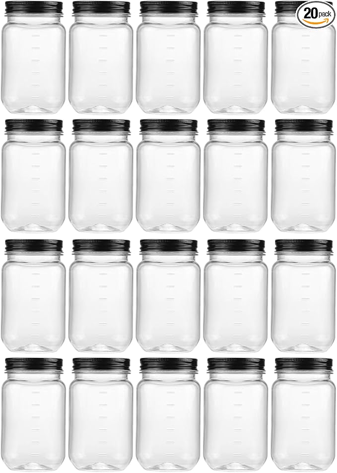 novelinks 16 oz Clear Plastic Jars with Screw-On Lids - BPA-Free Refillable Storage Containers for Slime, Food, Crafts, Kitchen & Household Use (20 Pack,Black)