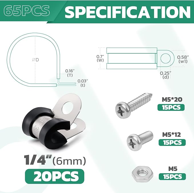20PCS 1/4 Inch Cable Clamps with 45PCS Screws Assortment Kit 304 Stainless Steel Rubber Cushioned Insulated Cable Clamp, Automotive Wire Pipe Clamps(6mm)