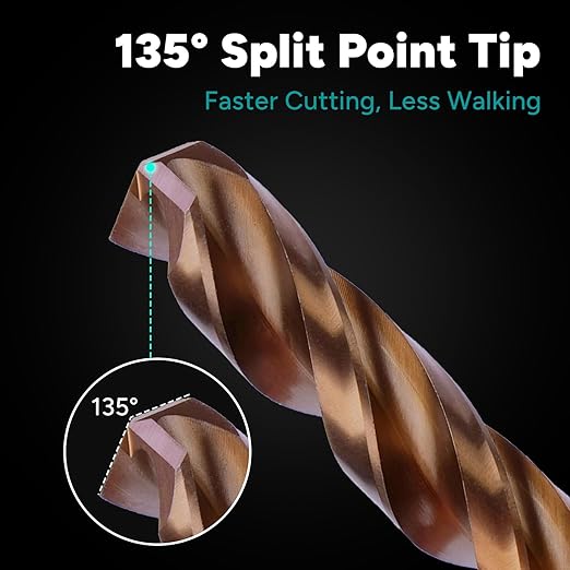 1/4" 3-Flute Cobalt Drill Bits, M35 Metal Drill Bits for Metal and Steel, 3-Flats Shank, 135 Degree Split Point, for Hardened Steel, Stainless Steel, 10-Piece