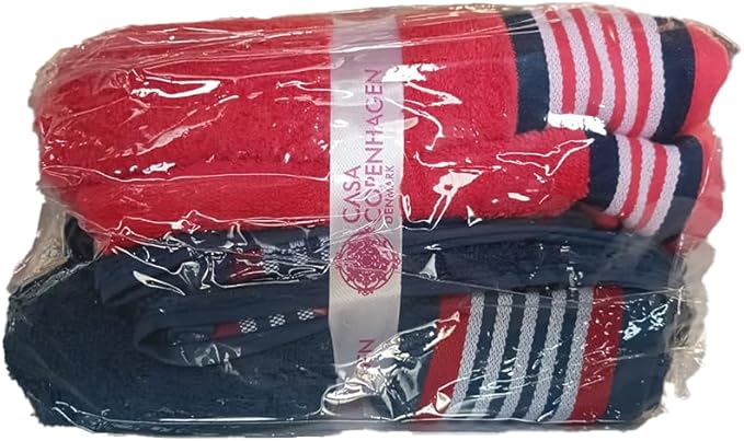 CASA COPENHAGEN He & She 6 Pieces Towel Set- American Blue + Red, 550 GSM 2 Bath Towel 2 Hand Towel 2 Washcloth, Designed in Denmark Made of Soft Egyptian Cotton for Bathroom, Kitchen & Shower