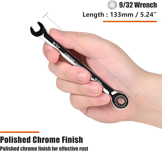 Egofine 9/32 inch Ratcheting Combination Wrench SAE, Industrial Grade Gear Spanner with 12-Point Design, 72-Tooth Ratchet, Chrome Vanadium Steel