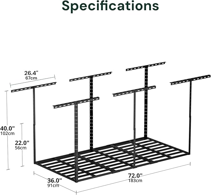 SunsGrove 3x6 Garage Storage Overhead Rack Organization, Adjustable Ceiling Mounted Storage Racks, 800LBS Weight Capacity, 22"-40" Ceiling Dropdown, Black