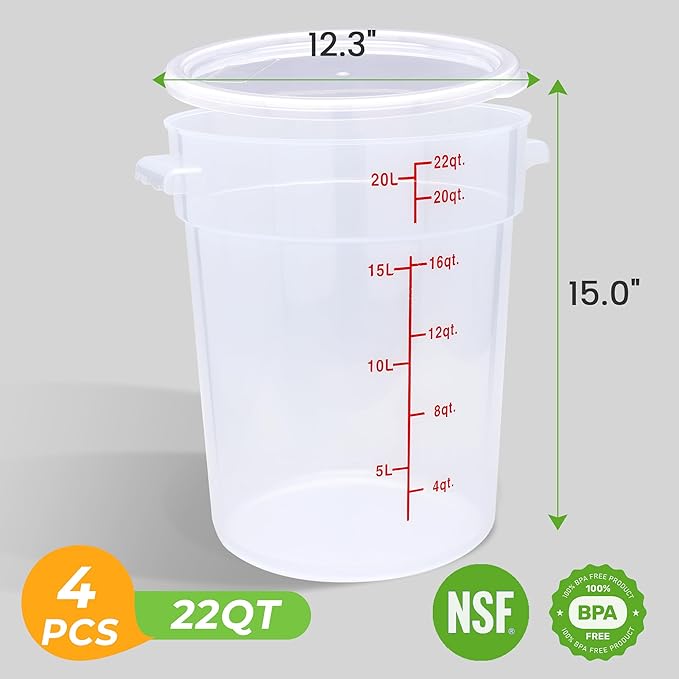 4 Pack Round Food Storage Containers with Lids, 22Qt Large Translucent Food Container, Polypropylene, BPA Free, Includes Labels & Measuring Cups