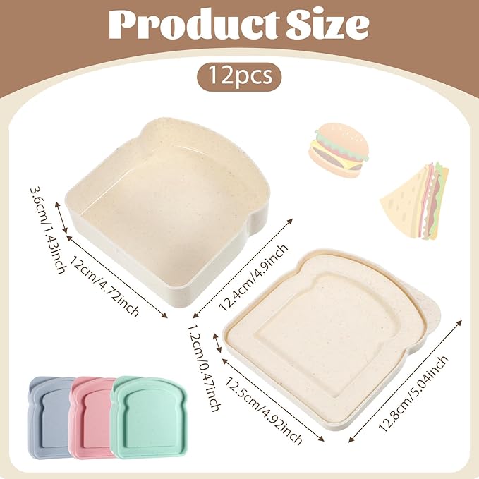 SHENLIU 12Pcs Sandwich Containers for Lunch Boxes, Reusable Sandwich Box Container for Adults, Sandwichs Holder Bread Container, BPA Free, Microwave & Dishwasher Safe, Travel, Office, Camping
