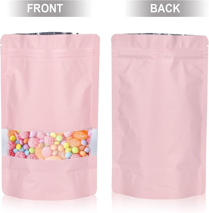 7.1"x10.2" 1 Quart 120pcs Mylar Bags for Food Storage,Smell Proof Bag with Matte Window Resealable Food Storage Bags for Small Business, Stand-up Foil Pouch Packaging Freeze Dried Candy Bag(Pink)