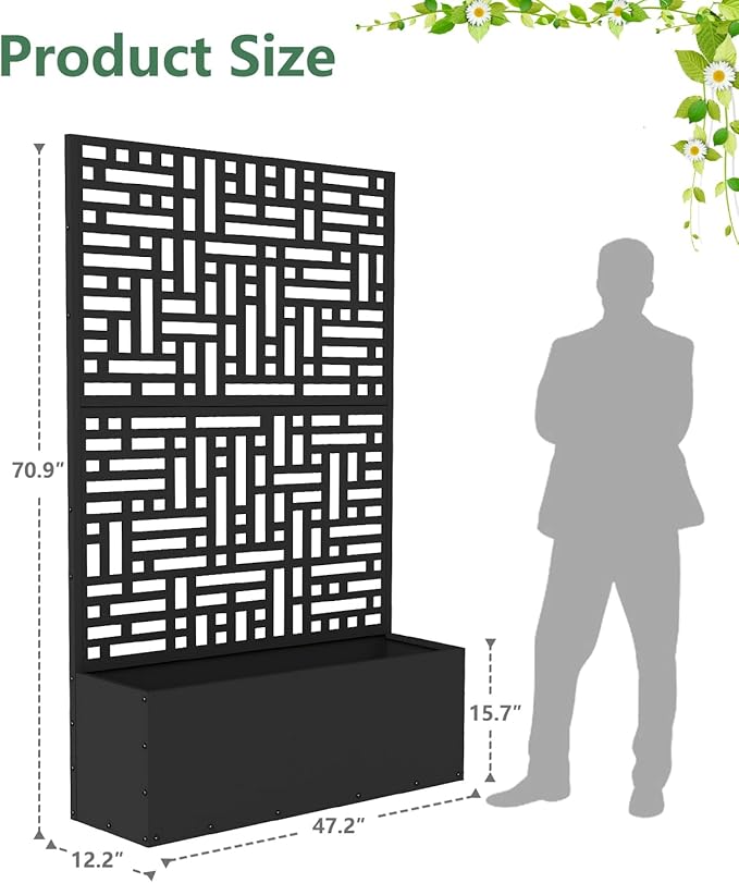 Metal Planter Box with Trellis,70.9"x47.2"x15.7" Raised Garden Bed with Drainage Holes, Privacy Planters for Outdoor Garden Bed for Climbing Plants,Vegetables,and Vines,2PCS,Black-Modular