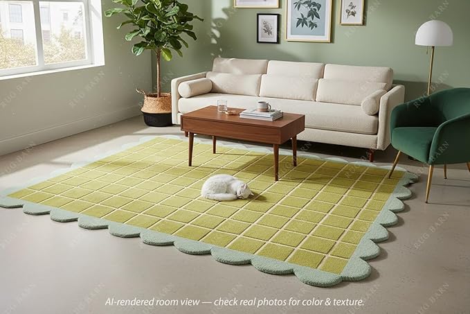 Checkered Wool Area Rug with Scalloped Border, Chartreuse Green & Cream Grid, Hand-Tufted, Soft Cut Pile, Modern Cottagecore Living Room, Bedroom & Nursery Carpet - 7x11 Ft