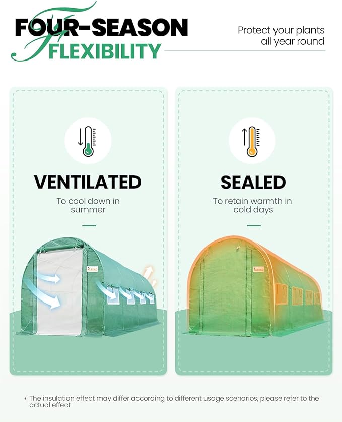 KING BIRD Premium 15x6.6x6.6FT Greenhouse for Outdoors, Large Walk-in Heavy Duty Galvanized Steel Frame, Mesh Door Screen Window Tunnel Hoop Garden Plant Winter Hot House, with Watering Kits, Green