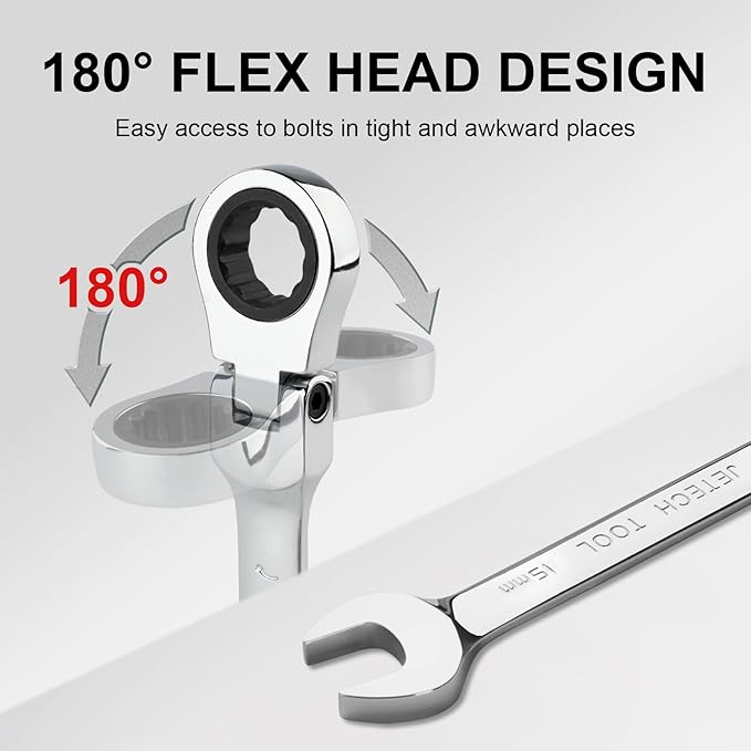 Jetech 15mm Flexible Ratcheting Wrench, Industrial Grade Cr-V Steel, 12 Point, Off Corner Design, 72 Tooth Ratchet, 180 Degree Flexible Box End