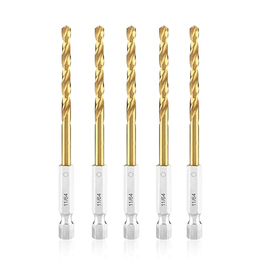 amoolo 11/64 Twist Drill Bit Set, 5Pcs Titanium HSS Hex Shank Impact Drill Bit Set for Metal, Steel, Wood, Plastic, Quick Change Design