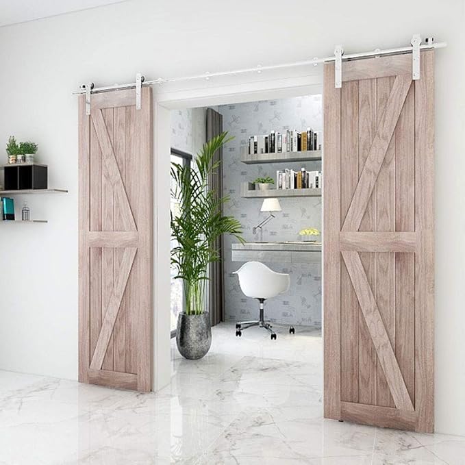 TSMST 11FT Sliding Barn Door Hardware Kit, Stainless Steel Heavy Duty Sturdy Barn Door Track for Double Wood Door, Slide Smoothly Quietly (L Style)