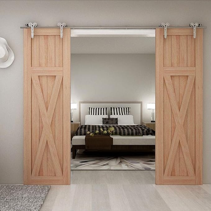 TSMST 12FT Sliding Barn Door Hardware Kit, Stainless Steel Heavy Duty Sturdy Barn Door Track for Double Wood Door, Slide Smoothly Quietly (Y Style)
