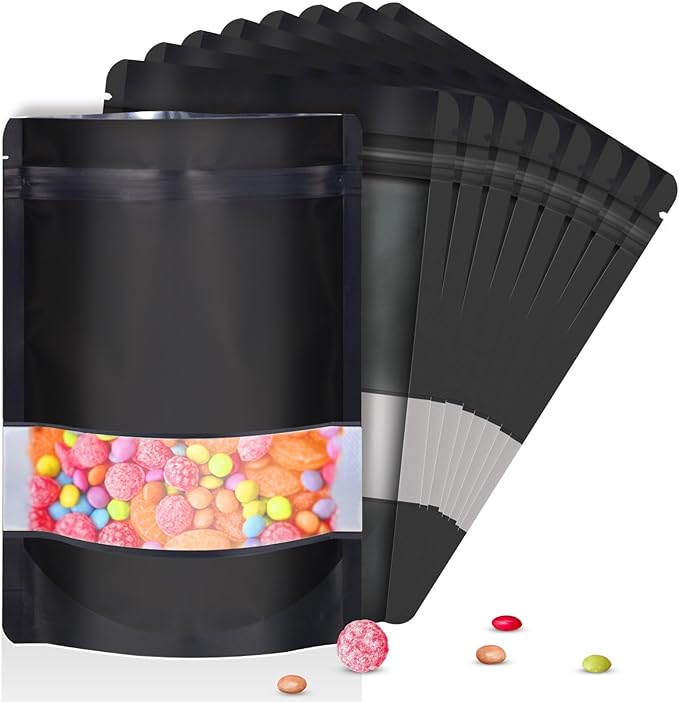 4"x6" 120pcs Mylar Bags for Food Storage,Smell Proof Bag with Matte Window Resealable Food Storage Bags for Small Business, Stand-up Foil Pouch Packaging Freeze Dried Candy Bag（Black）