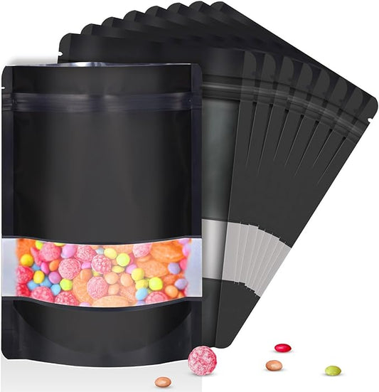 5.9"x8.6" 120pcs Mylar Bags for Food Storage,Smell Proof Bag with Matte Window Resealable Food Storage Bags for Small Business, Stand-up Foil Pouch Packaging Freeze Dried Candy Bag（Black）