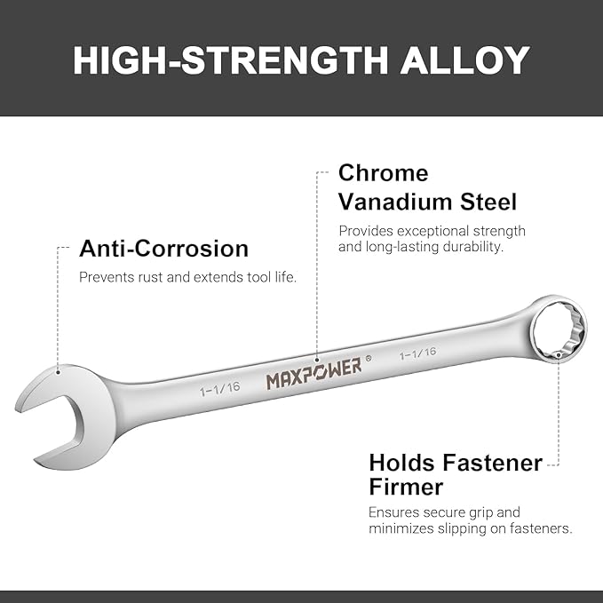 MAXPOWER 1-1/16 Inch Combination Wrench, Industrial Grade Spanners with 12 Point Box End, Durable Chrome Vanadium Steel with Off Corners Design, 15 Degree Offset - SAE