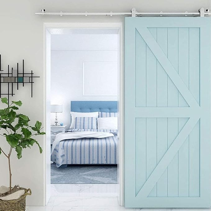 TSMST 9FT Sliding Barn Door Hardware Kit, Top Mount Stainless Steel Heavy Duty Sturdy Barn Door Track for Single Wood Door, Slide Smoothly Quietly (T Style)